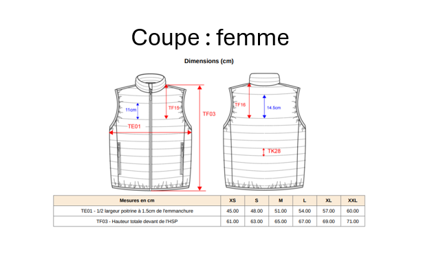 Tableau des tailles femme